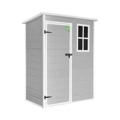 Imagen de Wasabi Caseta de Resina Jardín Unit 1.4 Ventana Luz Natural Suelo Incluido Paneles 12mm Espesor Gris Blanco Cobertizo PVC Almacenaje Exterior 1,37m2 Techo Plano