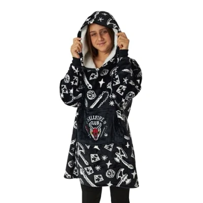 Imagen de Stranger Things Sudadera con Capucha de Manta portátil para niños Ropa Estar por casa vellón Negro Gran tamaño niñas Hellfire Club Disfraz Dormir Netflix Series Merchandise