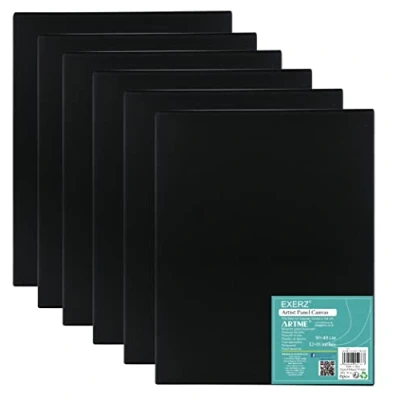 Imagen de EXERZ 30x40cm Paneles de Lienzo Negro 6 piezas 0,3 cm Espesor/ 280GSM / A3 Lienzos 100% Algodón/Triple Preparado/Libre Acido/Hebra Media acrílicos &amp; óleo