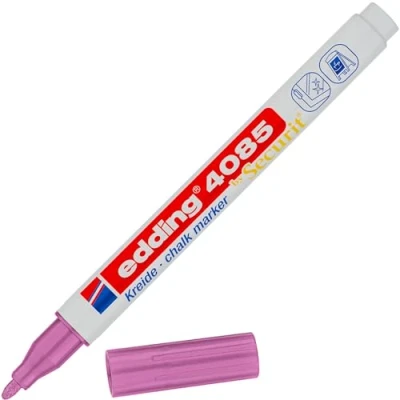 Imagen de edding 4085 marcador de tiza rosa metálico 1 rotulador punta redonda 2 mm rotuladores para cristal borrables pizarras, vidrio y espejos líquida cobertura opaca