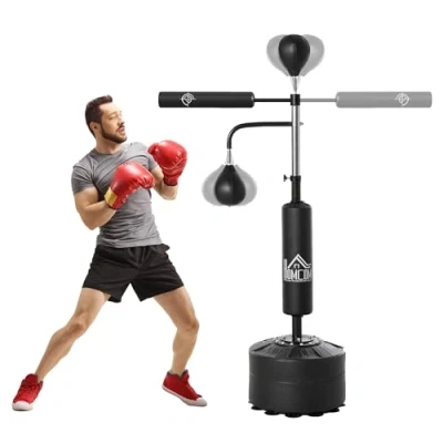Imagen de HOMCOM Saco de Boxeo Pie Ajustable en Altura con 2 Bolas Velocidad Barra y Base Rellenable Agua o Arena Punching Ball para Adultos 88x50x160 230 cm Negro