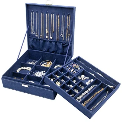 Imagen de Procase Estuche Joyero Grande Aterciopelado para Mujer, Caja Organizadora de 2 Pisos con Colgador Collares Pendientes, Guardar Joyas Accesorios Decoración Pulseras Anillos Relojes en Hogar Azul