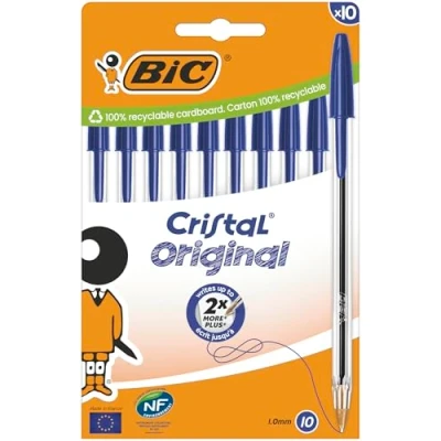 Imagen de BIC Cristal Original Bolígrafos de Punta Media (1,00 mm) con Tapón y Capuchón a Juego Azul, Caja 10