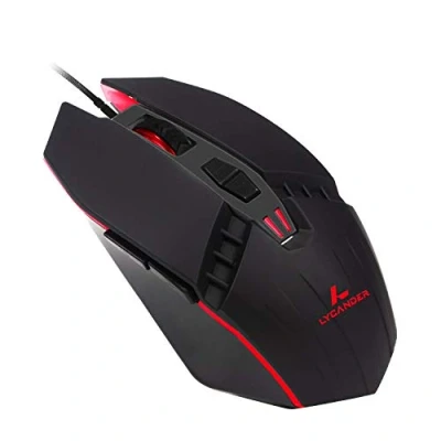Imagen de LYCANDER Ratón óptico con cable USB (1.5m), DPI ajustable hasta 6400, 7 botones, luz LED, Negro/Rojo