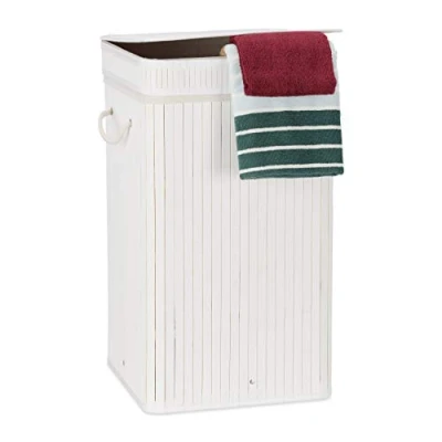 Imagen de Relaxdays Cesto Ropa Sucia con Tapa, Cubo Colada, Cuadrado, Canasta, Bambú, 70 L, 63 x 36 cm, Blanco, Poliéster