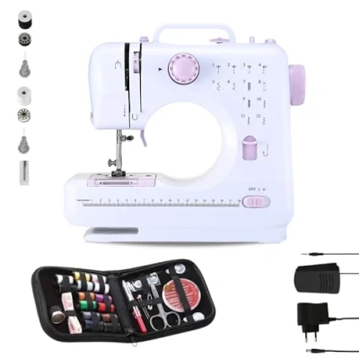Imagen de Máquina de Coser Portátil con 2 Velocidades y 12 Puntadas, Pedal, Carretes, Aguja Recambio, Cortador Hilo Luz Trabajo, Funciona Cable o (Pilas AA no incluidas) + Kit Costura.