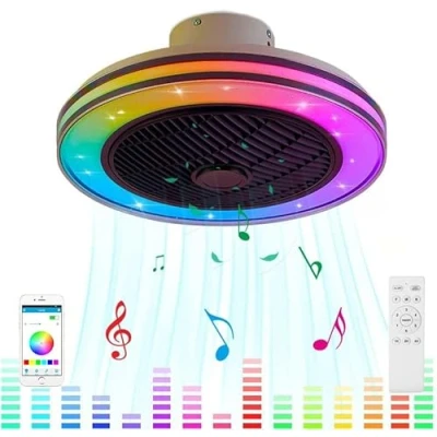 Imagen de RGB Lampara de Techo con Música Bluetooth Altavoz LED Silencioso Ventilador Luz y Mando a Distancia Regulable Luces araña para Dormitorios Salón Habitacion infantil fan Iluminación