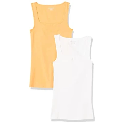 Imagen de Amazon Essentials Camiseta sin Mangas con Cuello Cuadrado y Corte Ajustado Mujer, Pack de 2, Blanco/Naranja Rosado, XS