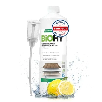 Imagen de BiOHY Detergente robot de limpieza (1 botella 1 litro) + Dosificador Limpiador para los suelos madera parquet y laminado Concentrado con fragancia fresca (Wischroboter Holz)