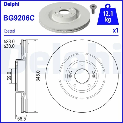 Imagen de DELPHI BG9206C Disco de freno 345 30 5 ventilado revestido sin procesar cojinete rueda, anillo sensor ABS RENAULT: MEGANE 3 Coupe