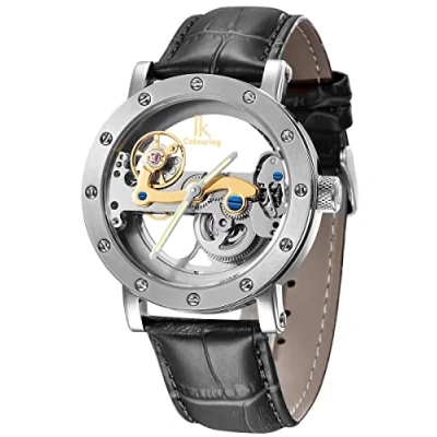Imagen de Alienwork IK Reloj Automático Hombre Mujer Plateado Pulsera de Cuero Negro Esqueleto Fondo Vidrio