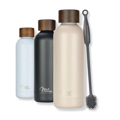 Imagen de Milu botella de agua 500, 750, 1000ml térmica acero inoxidable aislada a prueba fugas, doble pared, para bebidas carbonatadas, incluye cepillo limpieza (Crema, 750ml)