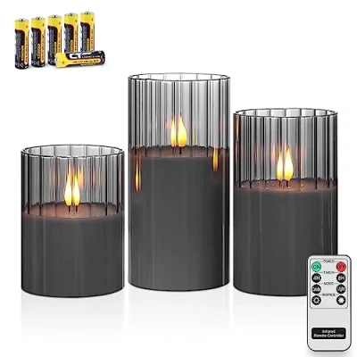 Imagen de Rhytsing 3 Velas led de Cristal Rayas Verticales Gris con Mando a distancia, Pilas Temporizador Decorativas para Navidad, Altura 10cm / 12,5cm 15cm (Gris)