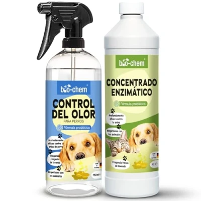 Imagen de bio chem Lote de 2 productos para el control olores Absorbe perros 1L Concentrado enzimático Ambientador hogar y los tejidos