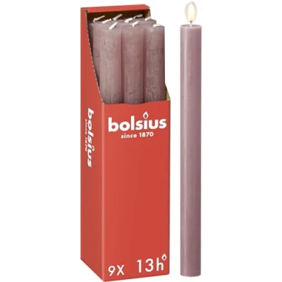 Imagen de Bolsius Velas rústicas Rosa viejo Juego de 9 unidades Longitud combustión 13 horas Sin perfume Cera vegetal natural goteo aceite palma 27 x 2,3 cm Valentin