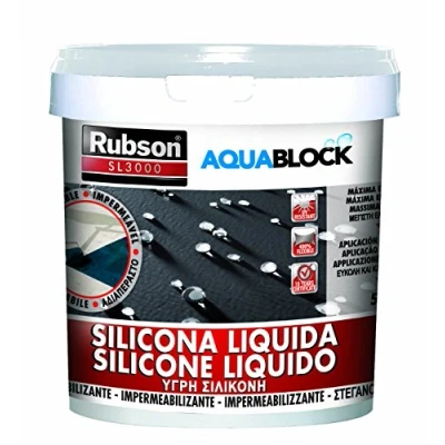 Imagen de Rubson Aquablock SL3000 silicona Líquida blanca, impermeabilizante líquido para prevenir y reparar goteras humedades, elástica con tecnología Silicotec, 1 x 5 kg