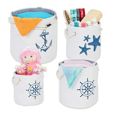 Imagen de Relaxdays Set Almacenaje, Cestas Náuticas de Tela con Asas, Organiza Tu Baño, Juguetes, 4 Tamaños, Blanco y Azul, Poliéster
