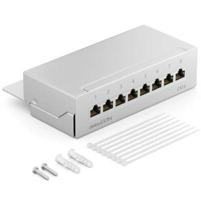 Imagen de deleyCON CAT6 Patch Panel El de Corrección 8 Puertos Escritorio y Montaje en Pared Blindado Enchufe 8x RJ45 TIA568A TIA568B Gris Claro