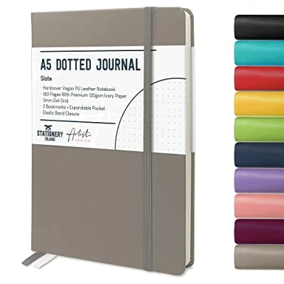 Imagen de Stationery Island Cuaderno Punteado A5 Notebook Gris Pizarra Libreta Bullet Dotted Journal Puntos de Tapa Dura Con 180 Páginas 120gsm Papel para Notas, Planificación, Estudio, Viajes, Diario