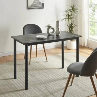 Imagen de [en.casa] Mesa de Comedor Ideal para Cocina Estudio Oficina 4 Personas Resistente a Arañazos Manchas Patas Acero Tablero MDF Revestida Melamina 120 x 60 75 cm Mármol Negro