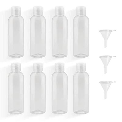 Imagen de 8 Piezas Botellas Vacías de Plástico 100ml Botella Cosmética Transparente Viaje con 3 Embudo Botes para Rellenar Líquidos o Cosméticos