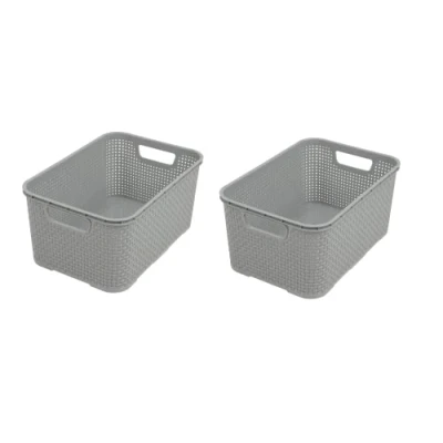 Imagen de BranQ Home Essential Cesta en diseño de ratán, juego 2 unidades, tamaño L, 19 sin bisfenol A, plástico polipropileno, gris claro, 38 x 27,8 18,5 cm