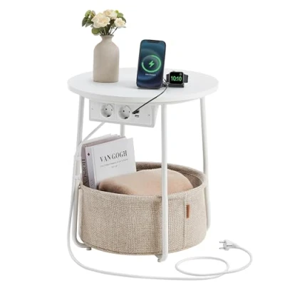Imagen de VASAGLE Mesa Auxiliar, Lateral Redonda con Tomas de Corriente, Cesta Tela, Espaciosa, para Salón, Dormitorio, Mesita Noche, Estilo Moderno, Blanco Mate y Marrón Camello LET228W02