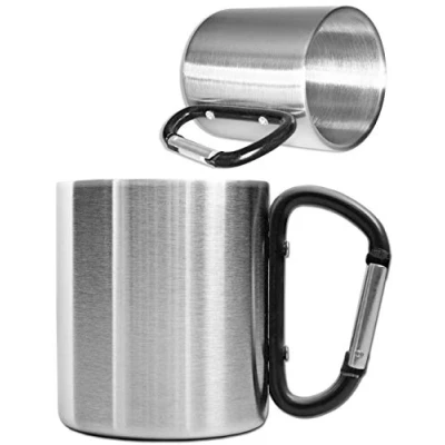 Imagen de Outdoor Saxx® Taza de camping resistente con mango mosquetón, acero inoxidable, 250 ml (plata/negro)