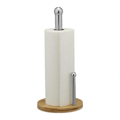 Imagen de Relaxdays Portarrollos Cocina Vertical, Bambú y Acero Inoxidable, Soporte Rollos con Tope, 35 x 16 cm, Natural/Plateado