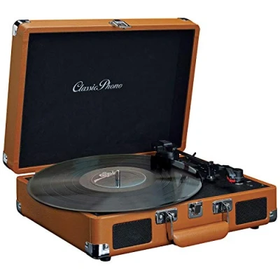 Imagen de Classic Phono TT 10BN tocadiscos de maleta con altavoces función apagado automático 3 velocidades transmisión por correa AUX salida línea marrón