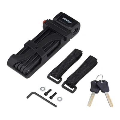 Imagen de Relaxdays Candado Bicicleta Plegable, Acero Resistente, Cadena Antirrobo Bici con Soporte, 2 Llaves, 85 cm Largo, Negro, Poliéster, 20 x 7 5