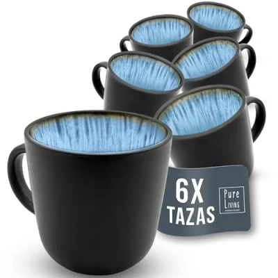 Imagen de Juego de Tazas Ibiza 6 Piezas en Gres Elegante Set Café Modernas, Apto para Lavavajillas y Microondas Taza Pure Living Negro Azul Profundo