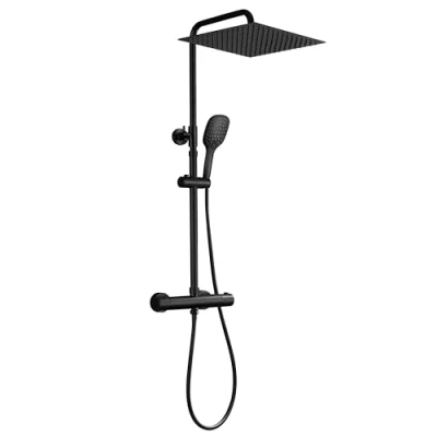 Imagen de JOHO Columna de Hidromasaje Ducha con Grifo Termostático Negro Barra Reuglable en Altura Acero inoxidable 304 Cuadrada Lluvia 30 * 30cm