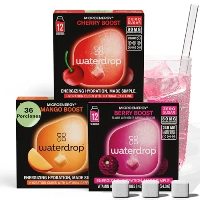 Imagen de waterdrop® Microdrink Energy Drink, 90mg Cafeína y Vitaminas, Mix Sabores de Frutas, 36 Pastillas Saborizantes Para Agua, Bebidas Sin Azúcar, Agua: Bayas, Mango, Cereza, Refresco Instantaneo
