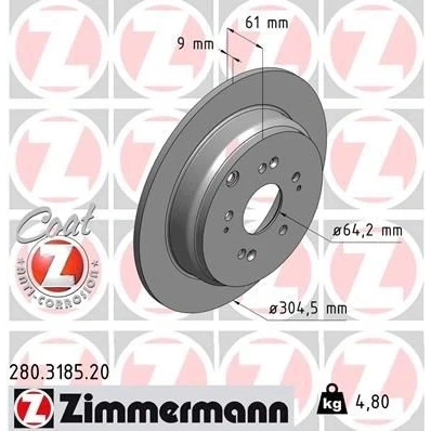 Imagen de ZIMMERMANN COAT Z 280.3185.20 Disco de freno 304 9 10/5 5 114 macizo revestido HONDA: CR V 2,