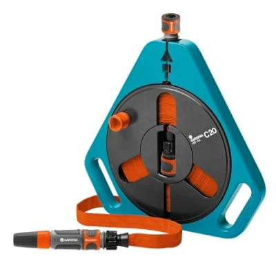 Imagen de manguera plana roll fix Classic 20 de GARDENA con carrete: carrete compacto (Ø 12 mm en el carrete), sistema automático seguridad, incl. lanza, dispositivos conexión (757 20)