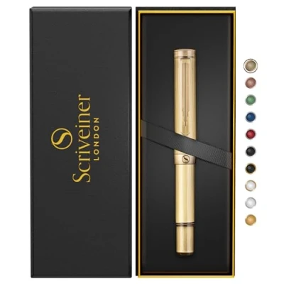 Imagen de Scriveiner Bolígrafo Rollerball EDC Latón Lujoso, Impresionante Boli Pesado de Bolsillo con Acabado Cepillado a Mano, Recambio Schmidt Alemán, Set Regalo Diseño para Hombre y Mujer