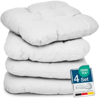 Imagen de Beautissu Lisa Set de 4 Cojines para Sillas 40x40x8 cm Juego Comedor, Jardin, Sofas, Camas etc Cojín Blanco con Relleno Voluminoso y Cómodo
