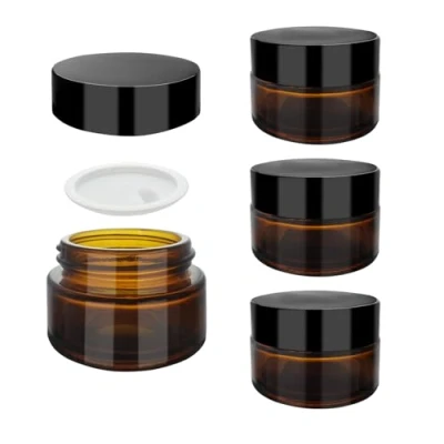 Imagen de SyiXute 4 Piezas 20 ml Ámbar Tarros de Cristal,Marrón Vacía Crema Tarro con Forro Interior Blancos y Tapas Plástico Negro para Cosméticos Facial Loción Rellenables Botella