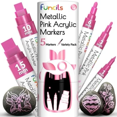 Imagen de 5 rotuladores acrílicos metálicos rosados, punta extrafina, fina y jumbo (1 mm, 3 6 10 15 mm), marcadores de pintura rosa para metal, rocas, plástico, lienzo, madera, tela, neumático,