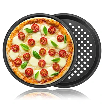 Imagen de Tiamu 2 Pcs Bandejas Pizza Horno Redondas, Plato Pizza, Molde para Quiche, Antiadherentes y Perforadas, Bandeja Redonda Bizcocho Tartaleta 28cm