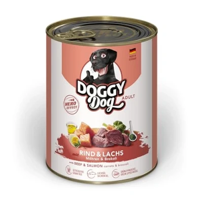 Imagen de DOGGY Dog Paté Rind &amp; Salmon 6 x 800 g Comida húmeda para Perros sin Cereales con Aceite de salmón y mejillón Labios Verdes, pienso Completo Zanahoria brócoli, Fabricado en Alemania