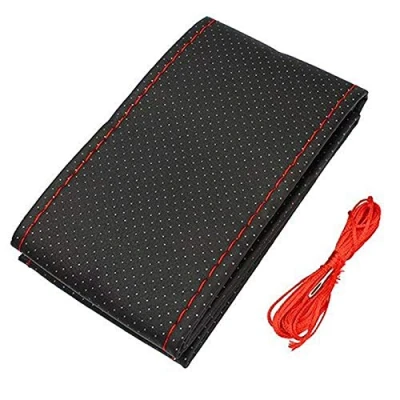 Imagen de Bruselas08 Funda universal para volante de coche, piel sintética, costuras bricolaje, con hilo aguja, Rojo, Medium