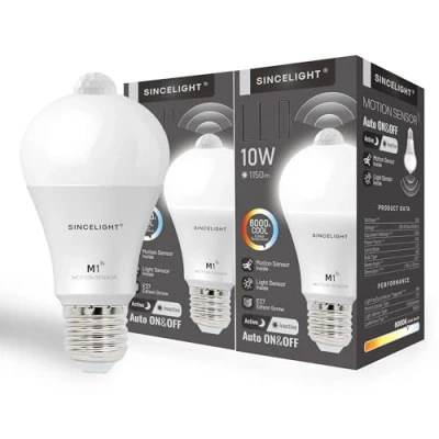 Imagen de SINCELIGHT Bombillas LED con Sensor de Movimiento, PIR Encendido y Apagado Automático, 10W, E27 Edison, Activación por Movimiento en La Oscuridad, Blanco Cálido 3000K, Paquete 2