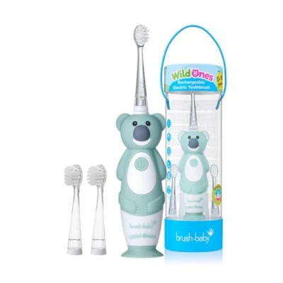 Imagen de Brush Baby WildOnes Cepillo de dientes eléctrico recargable Koala, 1 mango, 3 cabezales cepillo, cable carga USB, para edades 0 a 10 años (Koala)