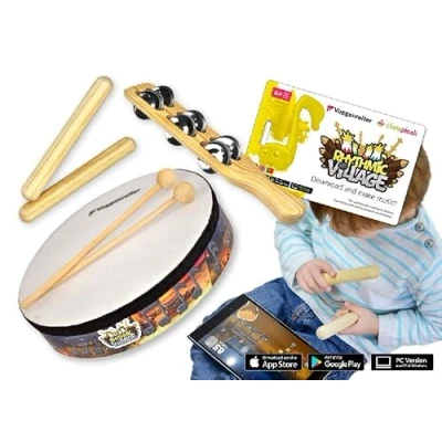 Imagen de Voggenreiter Juego de percusión para niños a partir 6 años, incluye aplicación software aprendizaje Rhythmic Village smartphone, tablet y ordenador (tambor mano + 2 mazos, barras