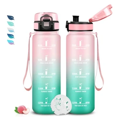 Imagen de Botella Agua 1 Litro, Agua, A Prueba de Fugas, Fácil Transportar, Cantimplora Infantil con Filtro, Marca Tiempo, para la Escuela, Senderismo, Oficina, Deportes, Camping