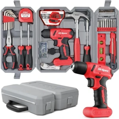 Imagen de Hi Spec Juego de Herramientas Con Destornillador Electrico/Taladro 8V. 57 Piezas. Maletin uso Múltiple para Bricolaje, Reparacion y Mantenimiento Hogar. Estuche Transporte