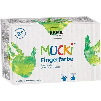 Imagen de KREUL 2316 Mucki Juego de 6 pintura dedos 150 ml vegana, lavable y aplicable con el dedo pincel Colores brillantes, para
