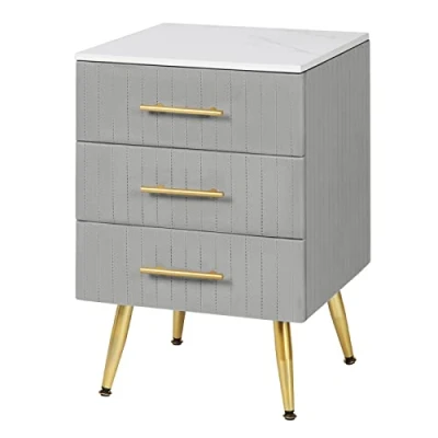 Imagen de WOLTU Mesita de Noche con 3 Cajones Mesilla Auxiliar Sofá Mueble Espacio Almacenamiento Mesa Café 40.5x41x60cm Blanco Gris Terciopelo MDF TS135gr